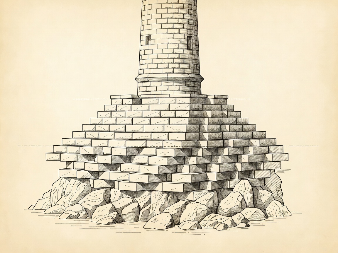 Technical illustration of Bell Rock lighthouse with submerged reef and interlocking foundation courses