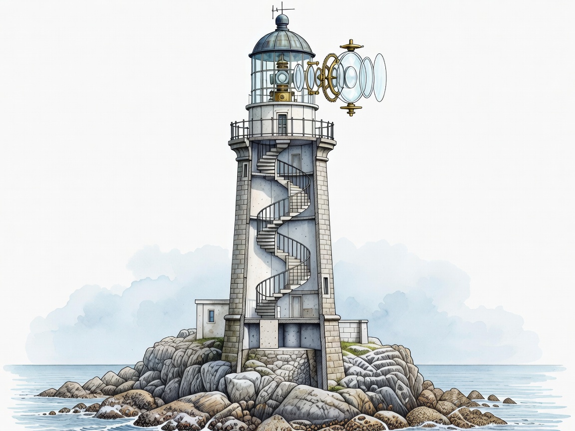 Technical illustration of a lighthouse tower, lantern optics and wave-cut rock foundation