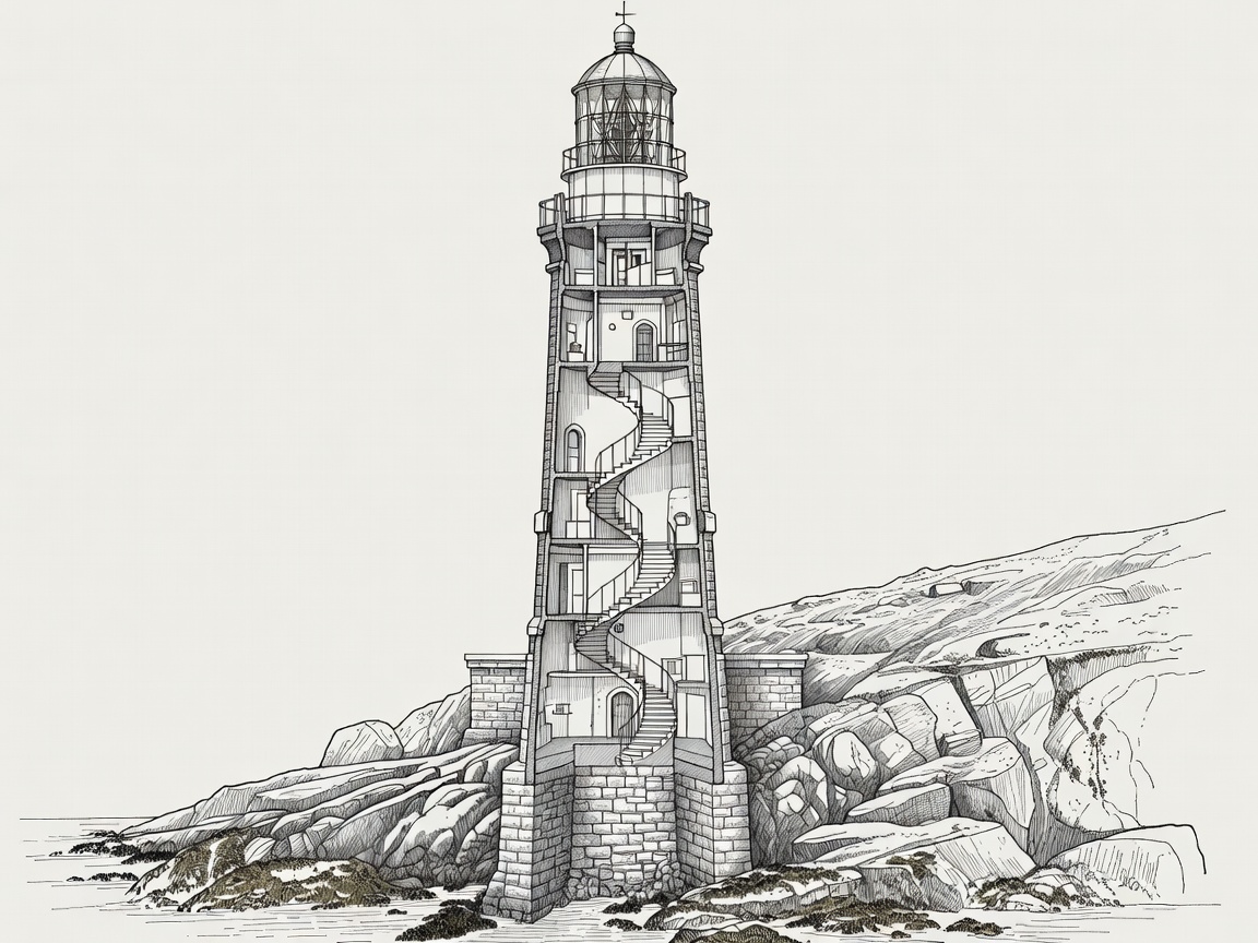 Sectional engineering illustration of the Eddystone lighthouse rising from a sloping offshore reef