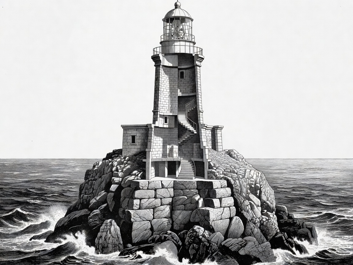 Technical cutaway illustration of Fastnet lighthouse showing granite courses keyed into steep ocean rock