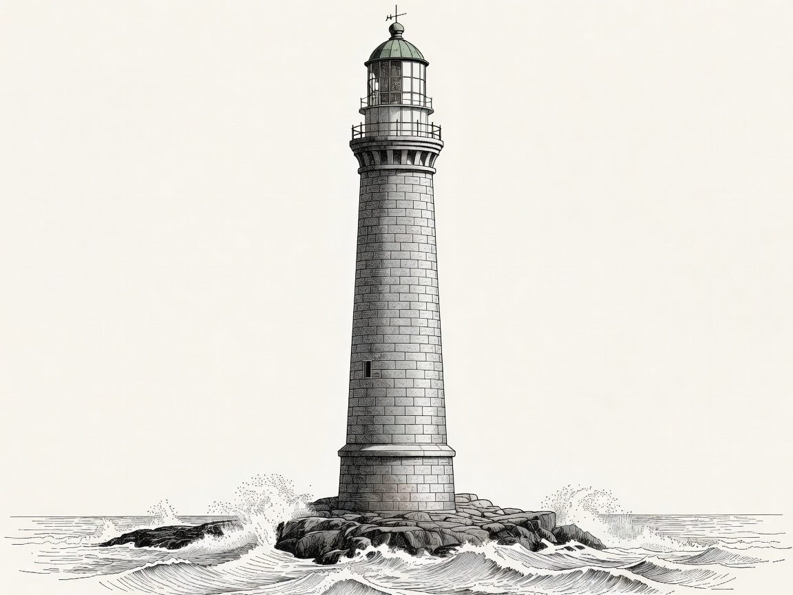 Technical elevation of Skerryvore lighthouse showing its tapering granite shaft and low wave-swept reef