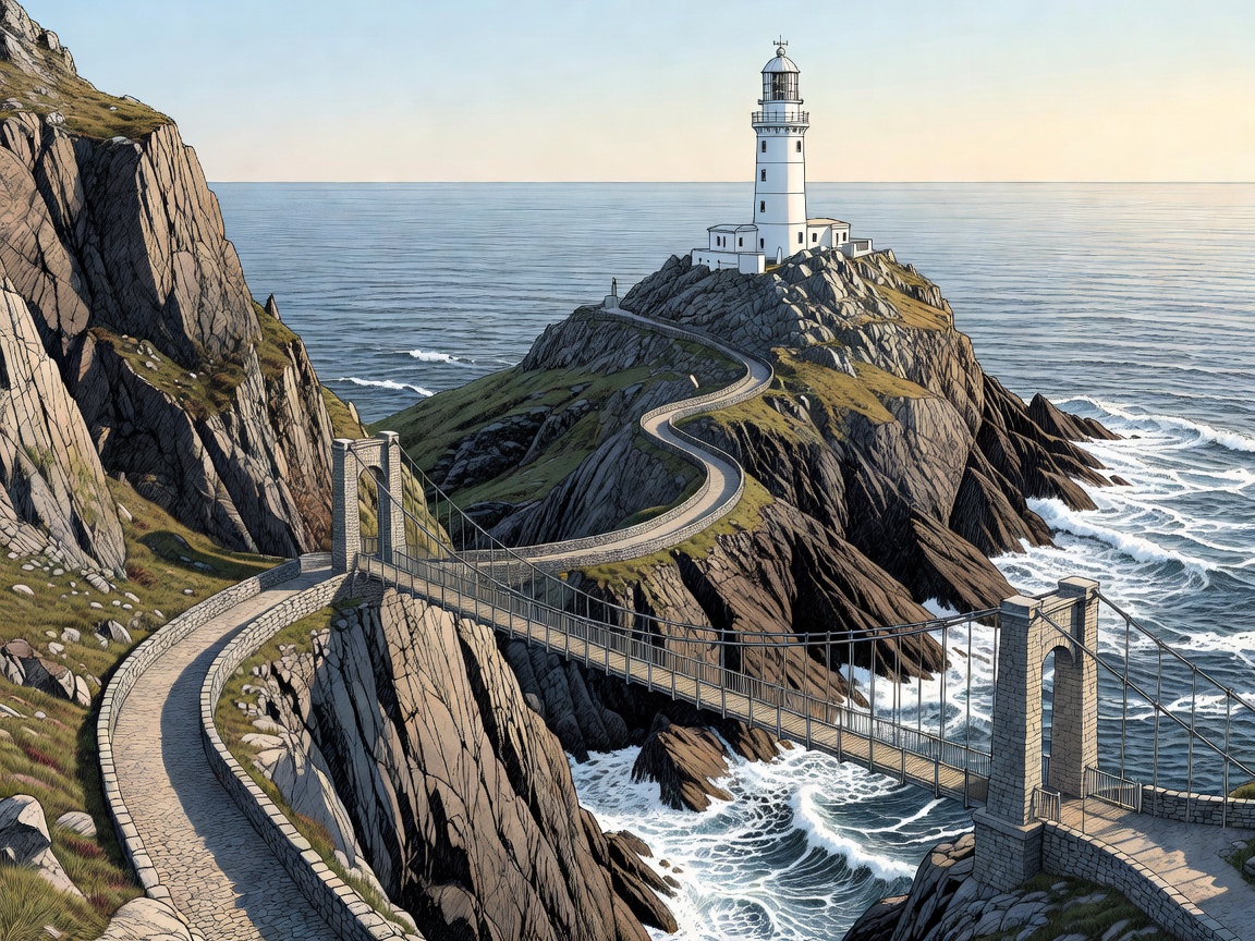 Technical landscape illustration of South Stack lighthouse, suspension bridge and steep mainland cliff